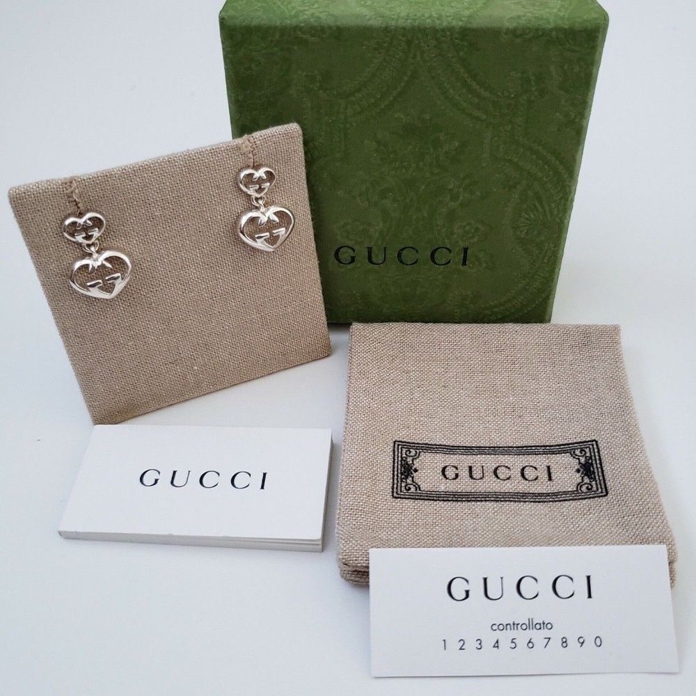 GUCCI Sterling Silver Love Britt Double G Heart Drop Earrings